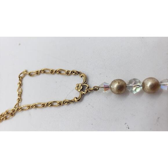 Vintage Gold Tone Chain Necklace Faux Pearl Aurora Borealis Crystal Beads LONG - Picture 8 of 15